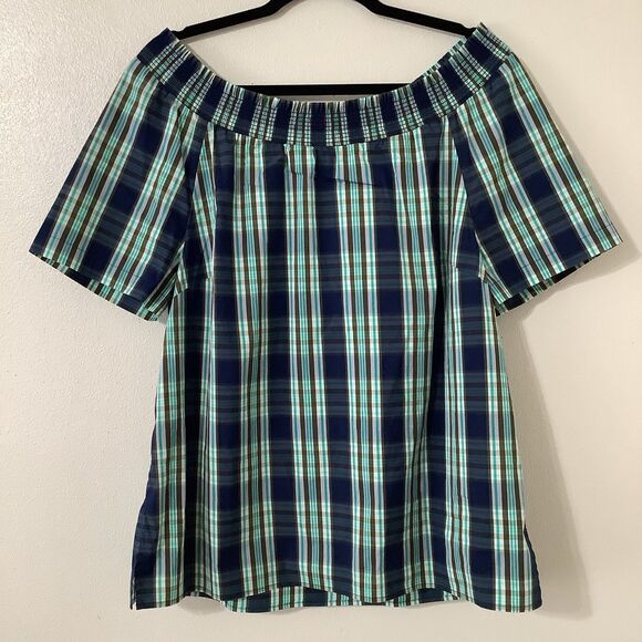 Talbots Blue Green Plaid Country Preppy Lightweight Casual Fall Autumn Blouse L - Picture 1 of 4
